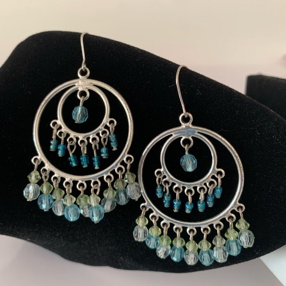 Chandelier Pastel Blue Sapphire Dangle Blue Green Silver Circle Drop Earrings - Picture 1 of 4